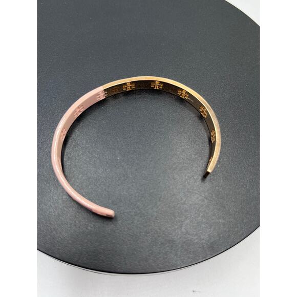 Tory Burch Pretty Pink Half Enamel Dipped Gold Plated Cuff Bracelet - Picture 4 of 6